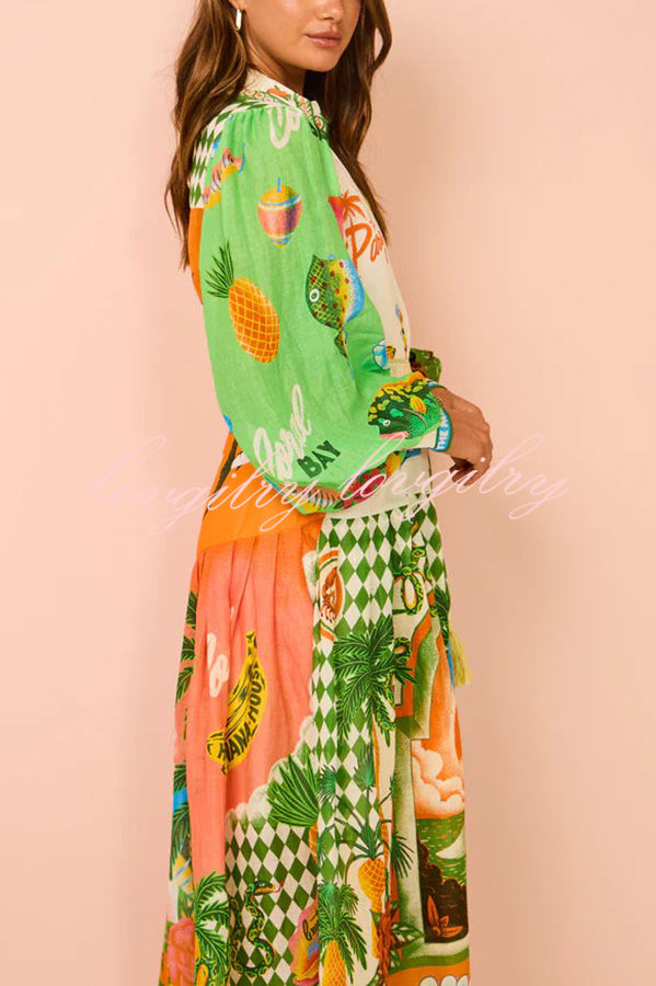 A World of Colour Unique Print Balloon Sleeve Belt Shirt Midi Dress