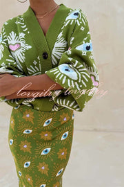 Mysterious Magic Knit Eye Heart Pattern Button Up Long Sleeve Loose Cardigan