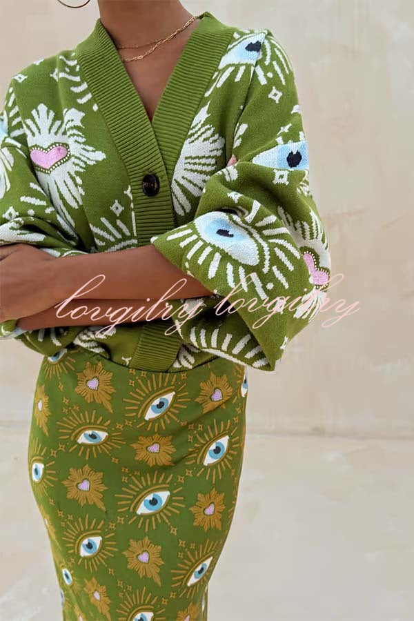 Mysterious Magic Knit Eye Heart Pattern Button Up Long Sleeve Loose Cardigan