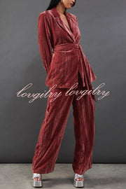 Solid Color Velvet Long-sleeved Waist Tie Top and Elastic Waist Casual Pocket Straight-leg Pants Set