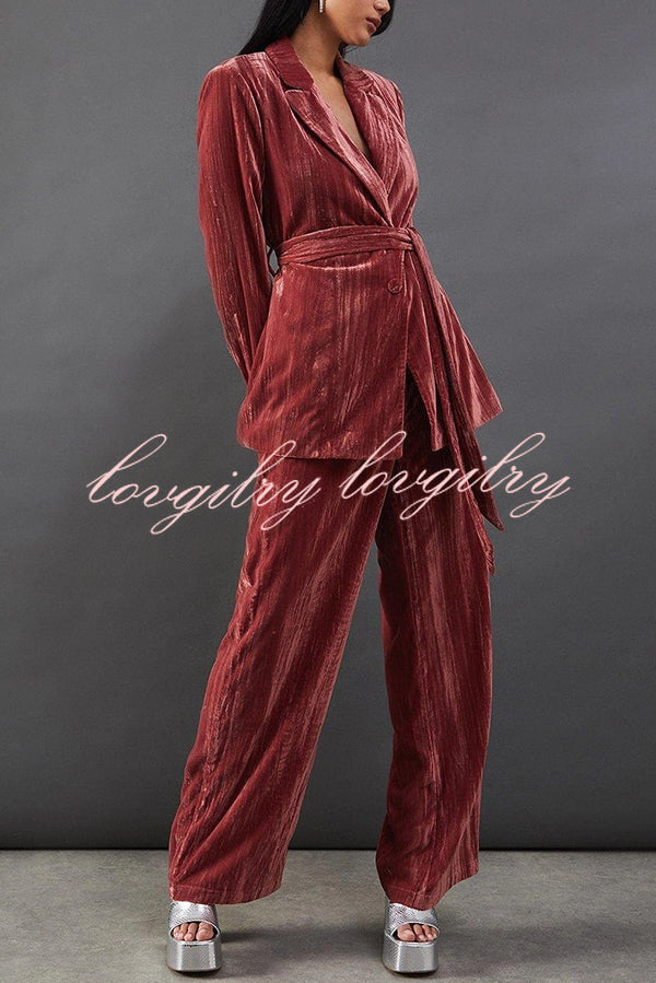 Solid Color Velvet Long-sleeved Waist Tie Top and Elastic Waist Casual Pocket Straight-leg Pants Set
