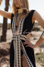 Fashionable Lock-edge Printed V-neck Lace-up Holiday Cover-up Robe