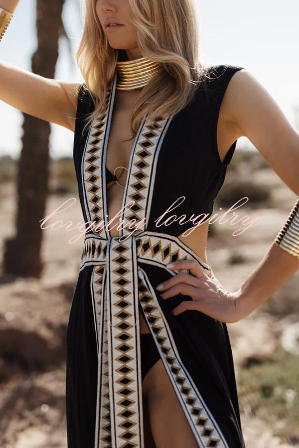 Fashionable Lock-edge Printed V-neck Lace-up Holiday Cover-up Robe