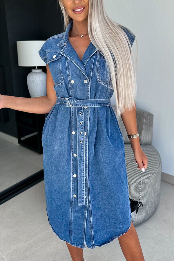 Solid Color Casual Lapel Sleeveless Button Pocket Waist Tie Denim Midi Dress