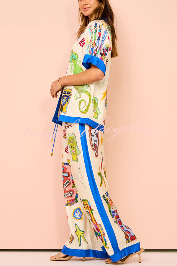 Vibrant Beach Satin Unique Print Colorblock Trim Elastic Waist Pocket Wide Leg Pants