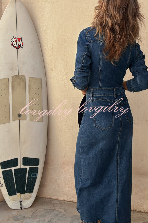 Tessy Denim Metal Button Zipper Shirt Stretch Pencil Slit Midi Dress