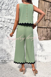 Wave Trimmed Round Neck Buttoned Elastic Waist Pants Suit