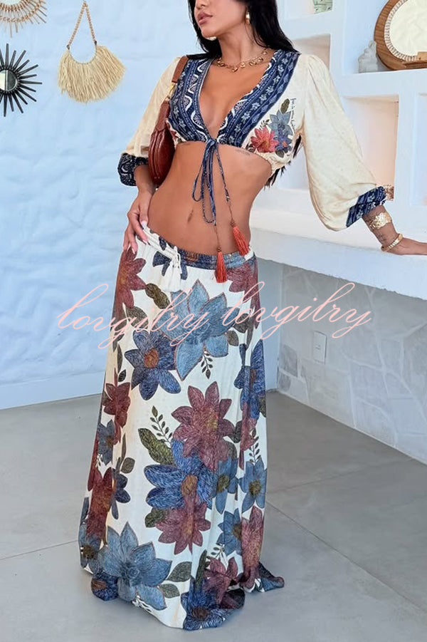 Unique Printed V-Neck Tie Cropped Top and Elastic Waist Casual Maxi Skirt Set