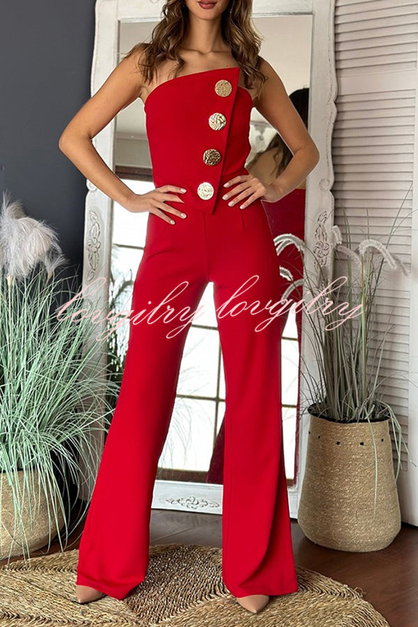 Solid Color Sexy Tube Top Gold Button Embellished Bootcut Jumpsuit