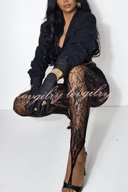 Chic Style Floral Lace See-through High Rise Elastic Waist Tapered Pants