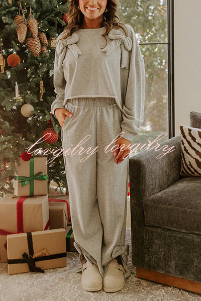 Dear Daydream Loose Bow Tie Long-Sleeved Sweatshirt and Elastic Waist Pocket Pants Set