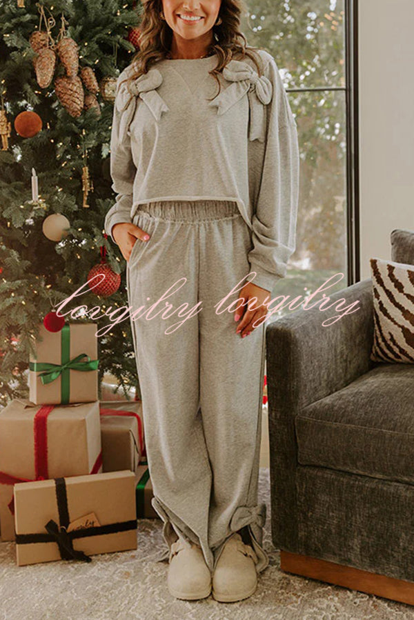 Dear Daydream Loose Bow Tie Long-Sleeved Sweatshirt and Elastic Waist Pocket Pants Set