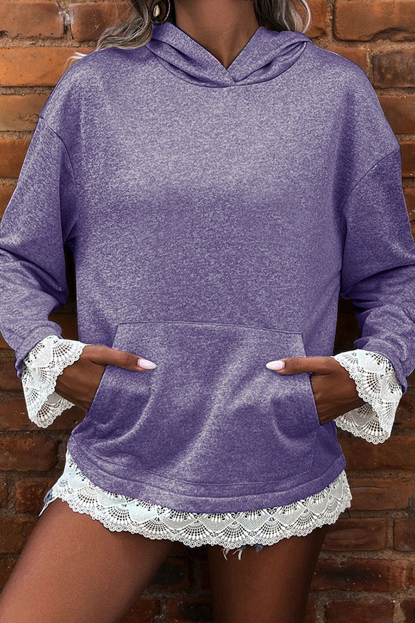 Stylish Lace-trimmed Long-sleeved Pocket Casual Hooded Sweatshirt