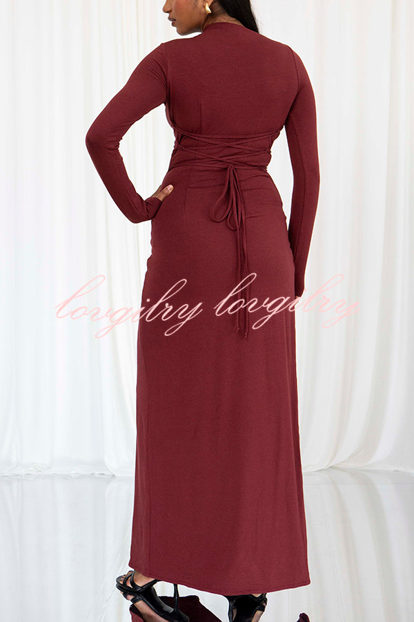 Venus Long Sleeve Ruched Side Slit Drape Ruffles Back Lace-up Stretch Maxi Dress