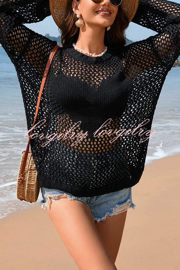 Solid Color Round Neck Long Sleeve Heart Knitted Beach Cover Up