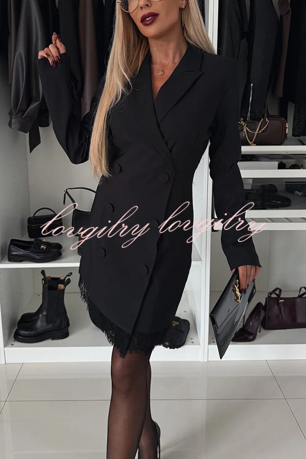 Confidence Style Button Up Lapel Lace Trim Blazer Mini Dress