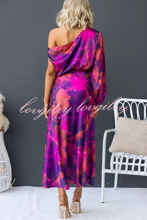 Winona Satin Floral Print One Shoulder Balloon Sleeve Tie-up Maxi Dress