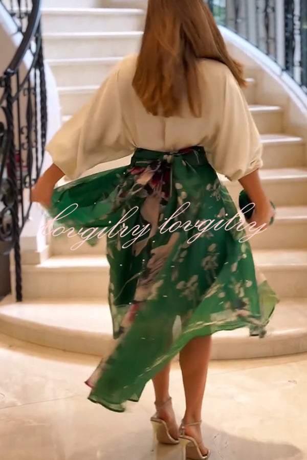 Tessy Batwing Sleeve Top and Floral Elastic Waist Pearls Detail High Low Midi Skirt Set