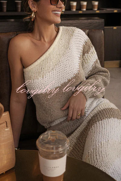Soft Autumn Knit Colorblock One Shoulder Sleeve Ribbed Trim Loose Sweater