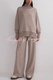 Berner High-Neck Long Sleeve Side Zipper Sweatshirt and Elastic Waist Pocketed Loose Pants Set
