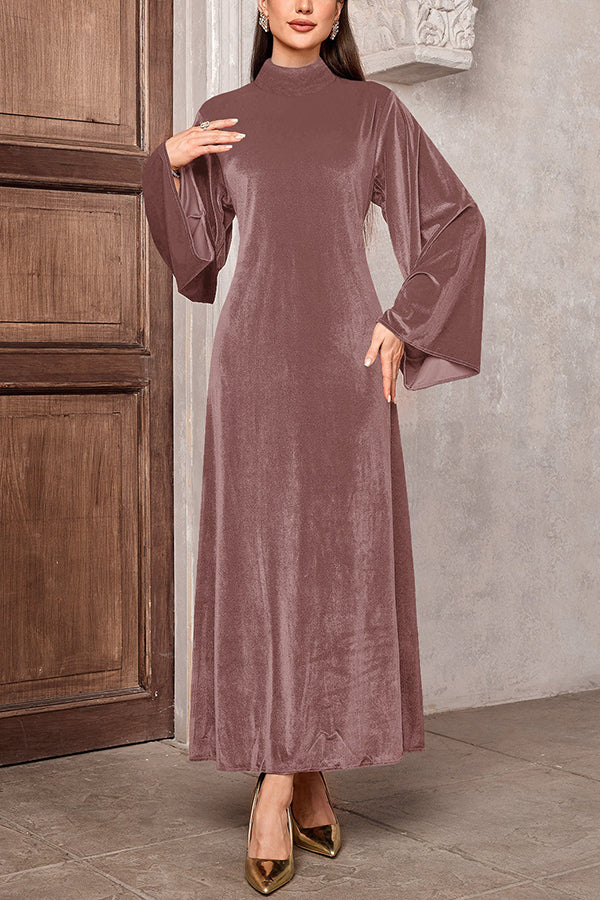 Solid Color Velvet Bell Sleeves Tie Waist Elegant Maxi Dress