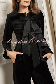 Cue The Cocktails Velvet Tailored Taffeta Bow Detail Peplum Jacket