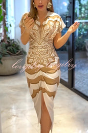 Feona Satin Unique Print V-neck Wide Sleeve Ruched Waist Slit Midi Dress
