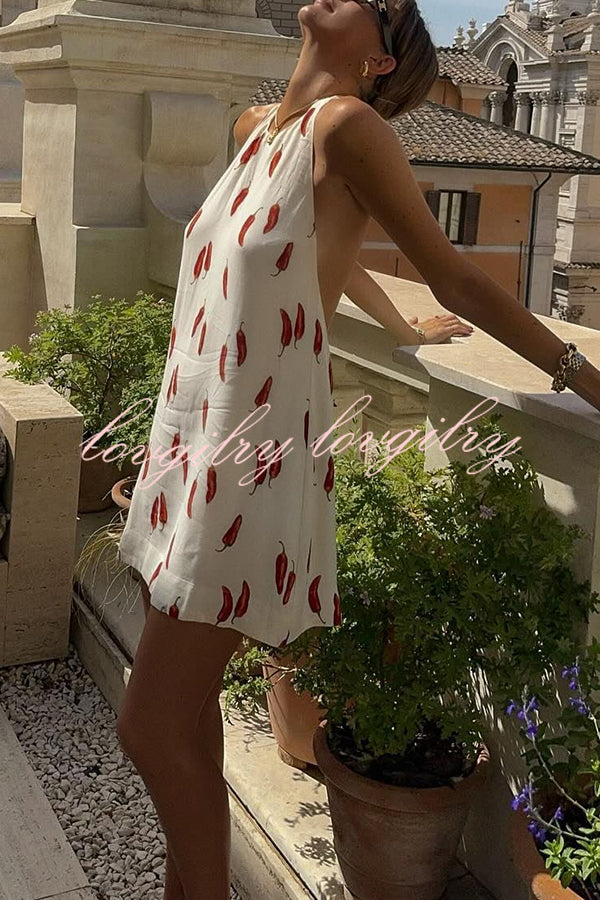 Spicy Summer Chili Pepper Unique Print Soft Fabric Halter Loose Mini Dress