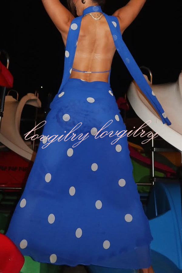 Fashion Polka Dot Print Sexy Halter Neck Backless Maxi Dress