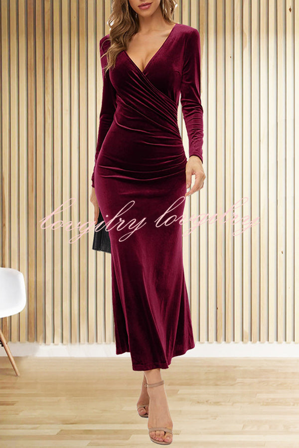 Solid Color Velvet Long Sleeve V-neck Slim Fit Fishtail Maxi Dress