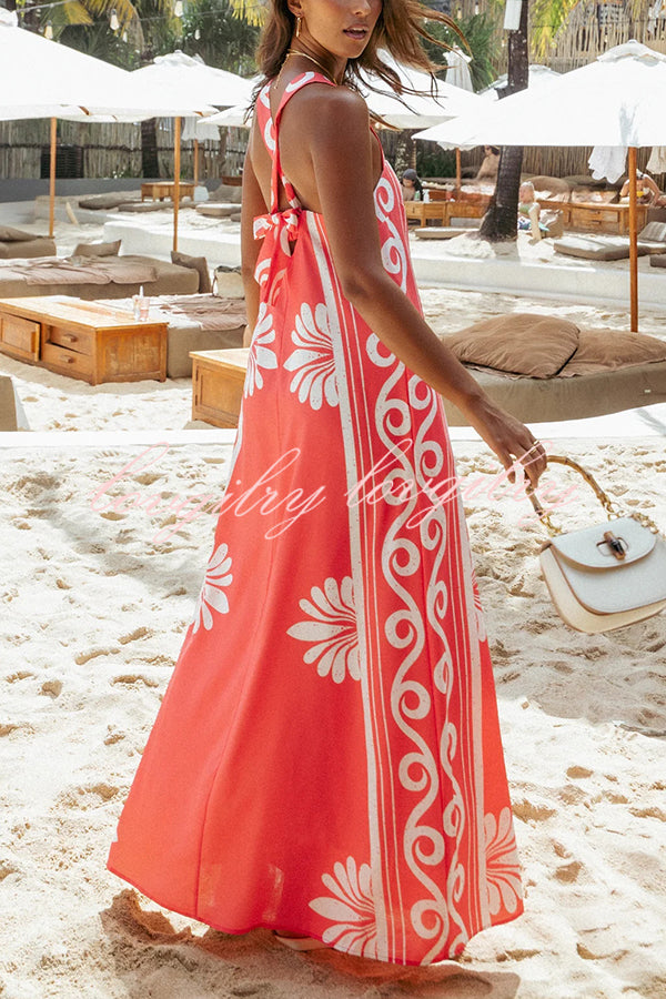 Unique Print Square Neck Open Back Tie Bow Holiday Maxi Dress