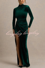 Wishes Velvet High Neck Long Sleeve Ruched Waist Wrap Slit Stretch Maxi Dress