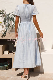 Rustic V Neck Button Zip Pleated Slit Puff Sleeve Maxi Dress