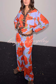 Color-block Poppy Leopard Print Trim Loose Shirt and Elastic Waist Pocketed Pajama Set