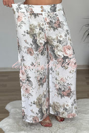 Linen Blend Crew Neck Long Sleeve Irregular Loose Top and Elastic Waist Floral Print Casual Pocket Set