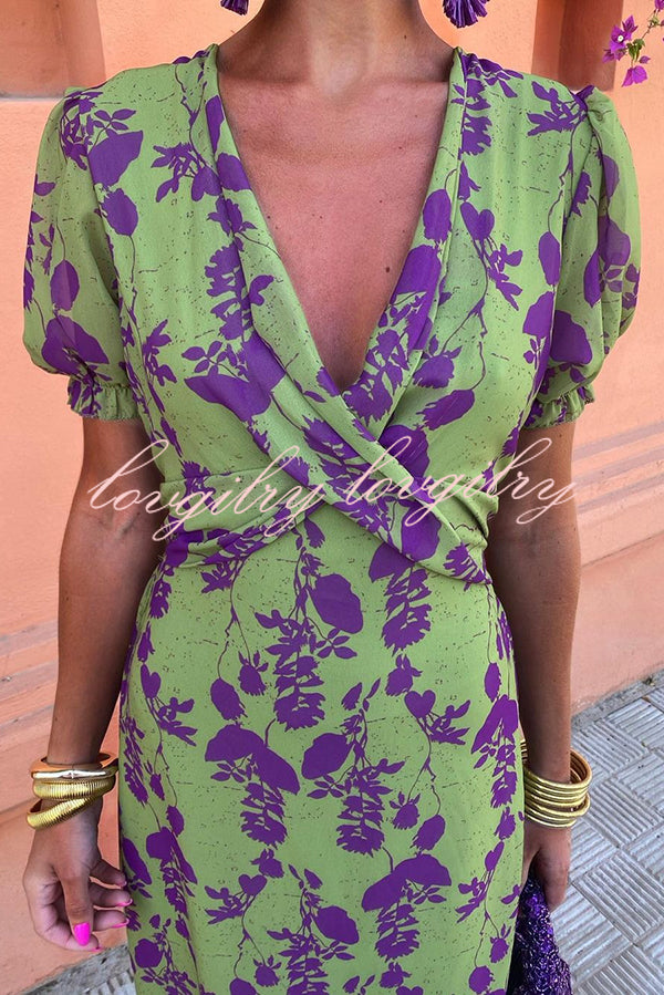 Botanical Print V-neck Puff Sleeve Midi Dress