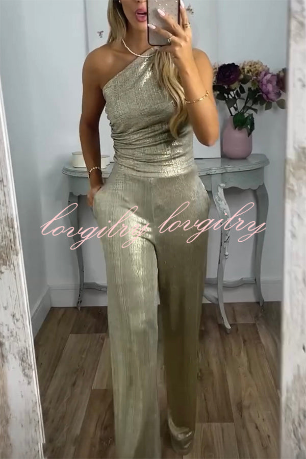 Shining Moment Metallic Fabric One Shoulder Ruched Tank and Pocketed Loose Stretch Pants Set