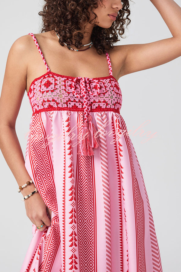 Unique Printed Patchwork Fringed Lace-up Maxi Dress