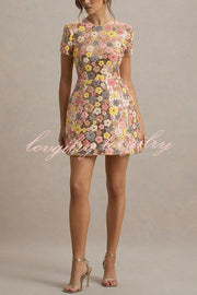 80's Inspired Floral Print Sequin Short Sleeve Stretch Mini Dress