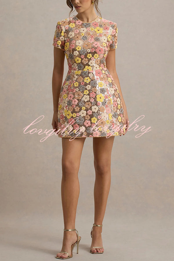 80's Inspired Floral Print Sequin Short Sleeve Stretch Mini Dress