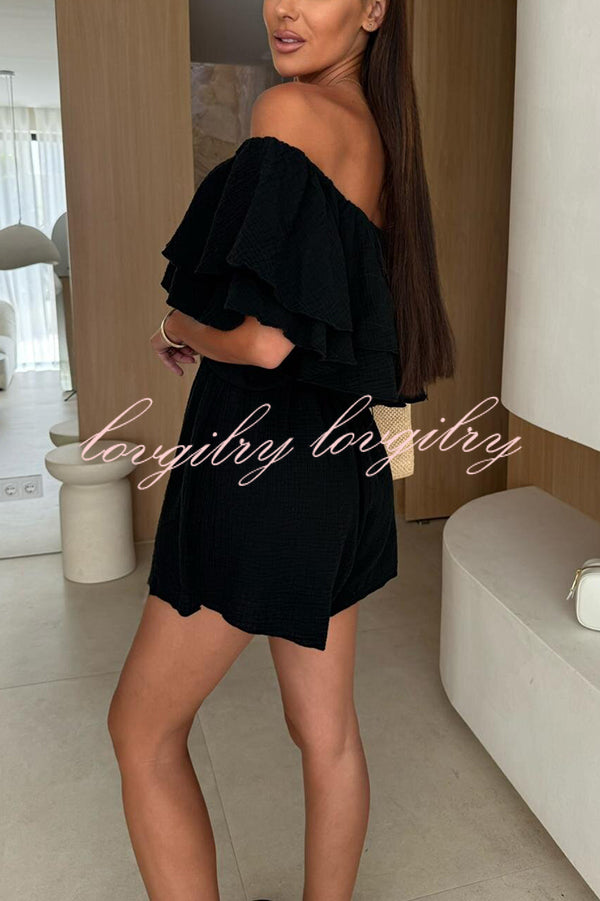 Solid Color Off-shoulder Ruffled Casual Waist Rompers