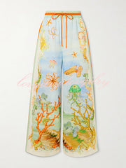 Unique Printed Lapel Short Sleeve Loose Shirt and Elastic Waist Casual Pocket Vacation Pants Set