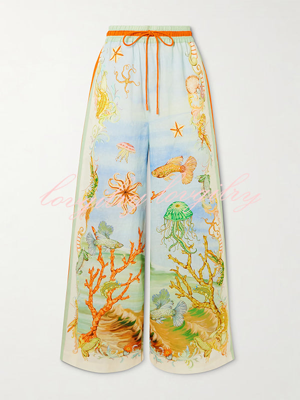 Unique Printed Lapel Short Sleeve Loose Shirt and Elastic Waist Casual Pocket Vacation Pants Set