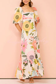 Looking for Sunshine Floral Print Square Neck Bubble Sleeve Maxi Dress