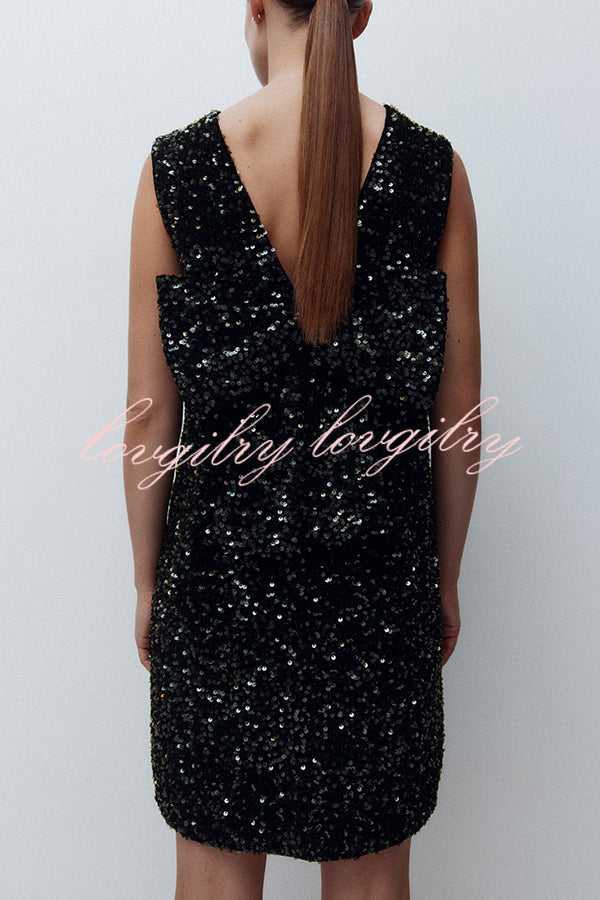 Glam Season Velvet Sequin Back Oversized Bow Design Sleeveless Loose Mini Dress