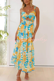 Unique Printed Suspender Tie Back Pleated Midi Dress