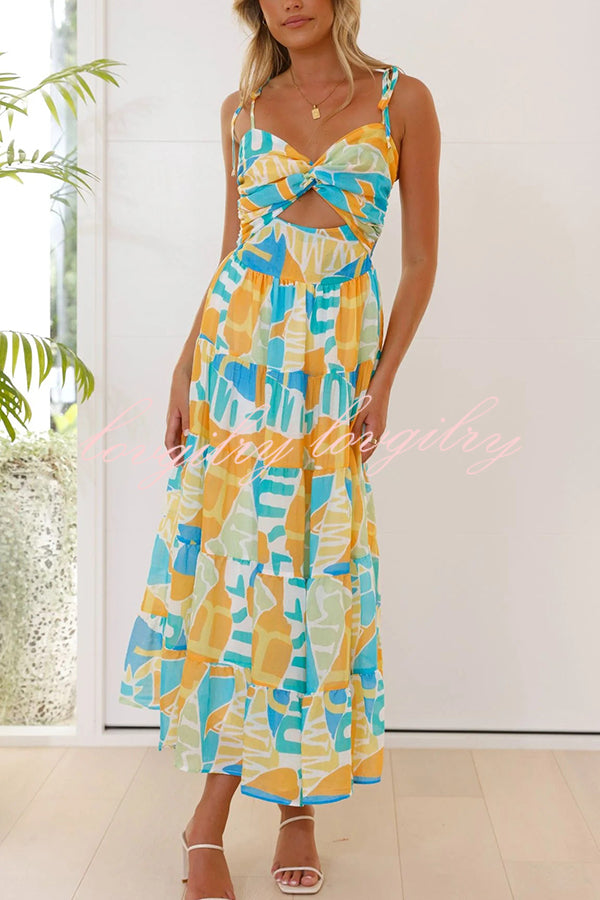 Unique Printed Suspender Tie Back Pleated Midi Dress