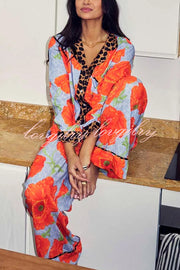Color-block Poppy Leopard Print Trim Loose Shirt and Elastic Waist Pocketed Pajama Set
