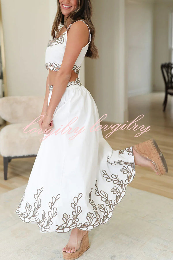 Perfect Vacation Embroidered Trim Crop Tank and Elastic Waist A-line Maxi Skirt Set