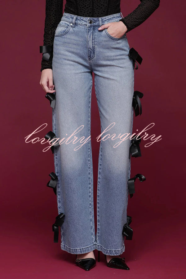 Runway Muse Denim High Rise Bow Trim Pocketed Wide Leg Jeans